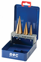 Set 3 stopničastih svedrov HSS-TiN v kovinski škatli
